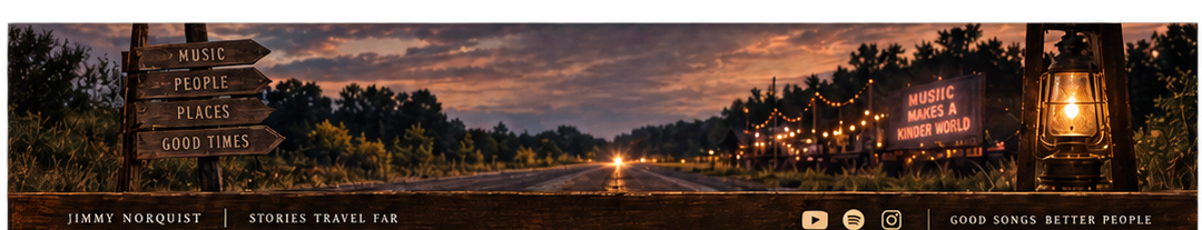A twilight road with music signs, warm string lights, and a lantern